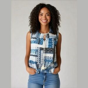 Suzy Shier Blue Geometric Zellige Print Boho Sleeveless Top with Shirring Size M